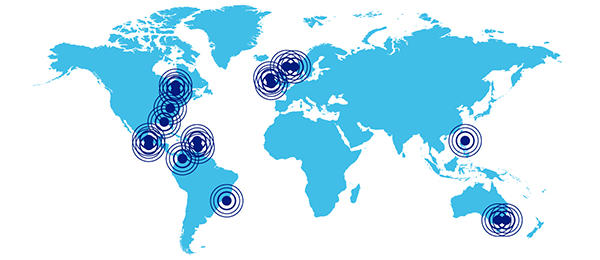 a map of the world highlighting the locations of many Baxter manufacturing plants
