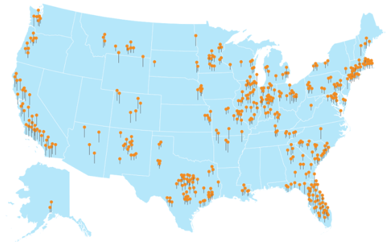 A U.S. map showing dots for the 500+ facilities that use Baxter DoseEdge System