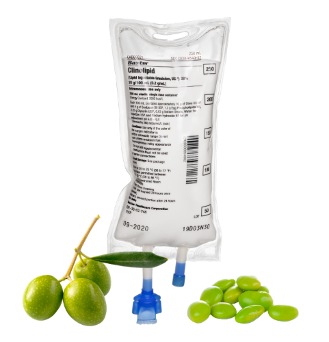 A product photo of Clinolipid with a few olives and soy beans underneath it