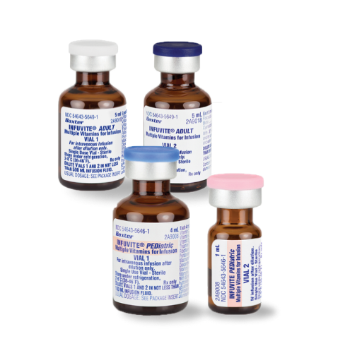 Product image: Infuvite injectable multivitamins are available in adult and pediatric formulas.