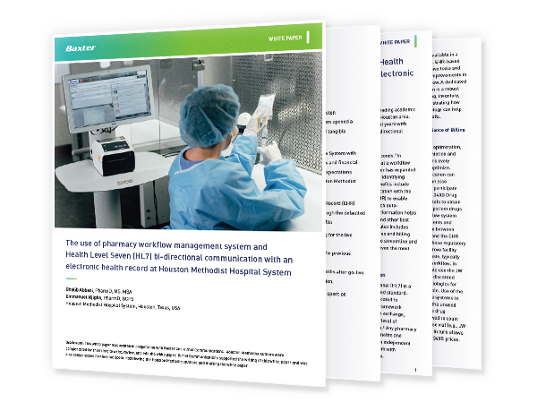 Thumbnail for the white paper titled "The use of pharmacy workflow management system and Health Level Seven (HL7) bi-directional communication with an electronic health record at Houston Methodist Hospital System"