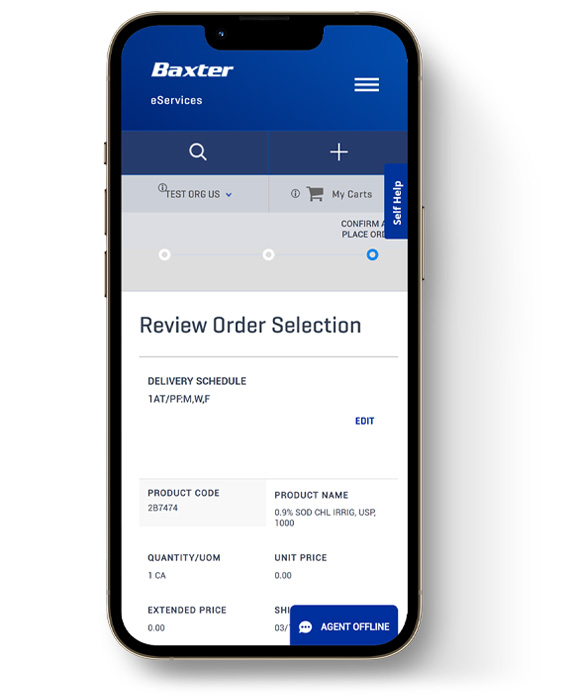 a mobile phone is shown with the Baxter eServices Portal dashboard
