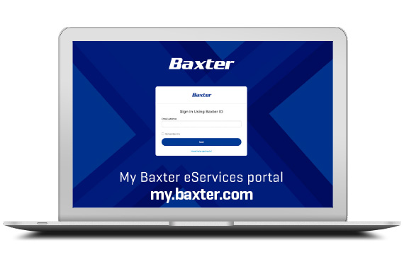 a laptop is shown with the My Baxter eServices portal sign in screen