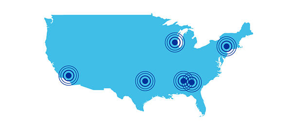 a map of the United States highlighting the locations of 6 mega distribution centers