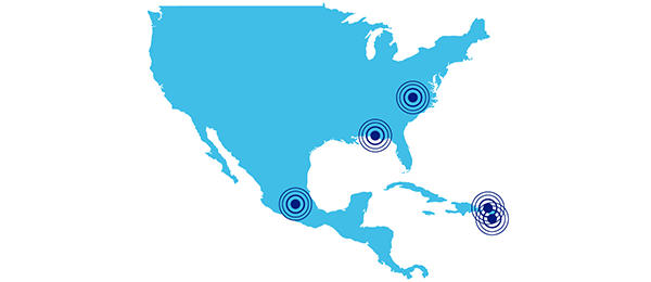 a map of the United States highlighting the locations of 5 manufacturing plants