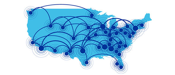 a map of the United States highlighting the locations of 38 distribution centers