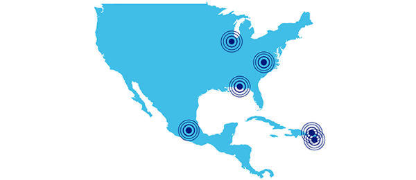 map of north america with hot spots showing the location of the 6 IV plants